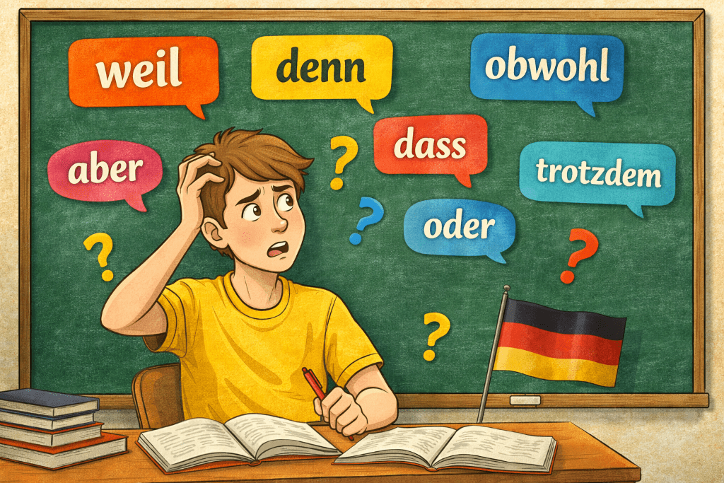 Cartoon student confused by German conjunctions like weil, denn, obwohl, and dass on a classroom chalkboard