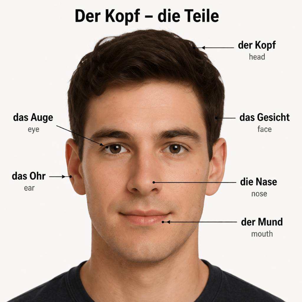 Der Kopf is the head in German and the facial features are labelled on this man's Gesicht