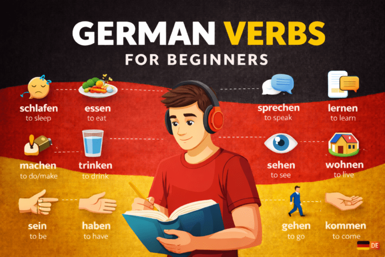 Illustration of German verbs with beginners showing a student and words for German verbs