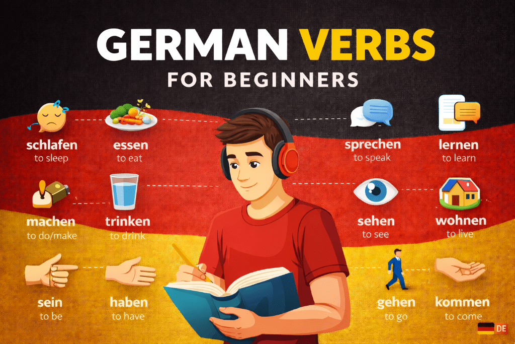 Illustration of German verbs with beginners showing a student and words for German verbs