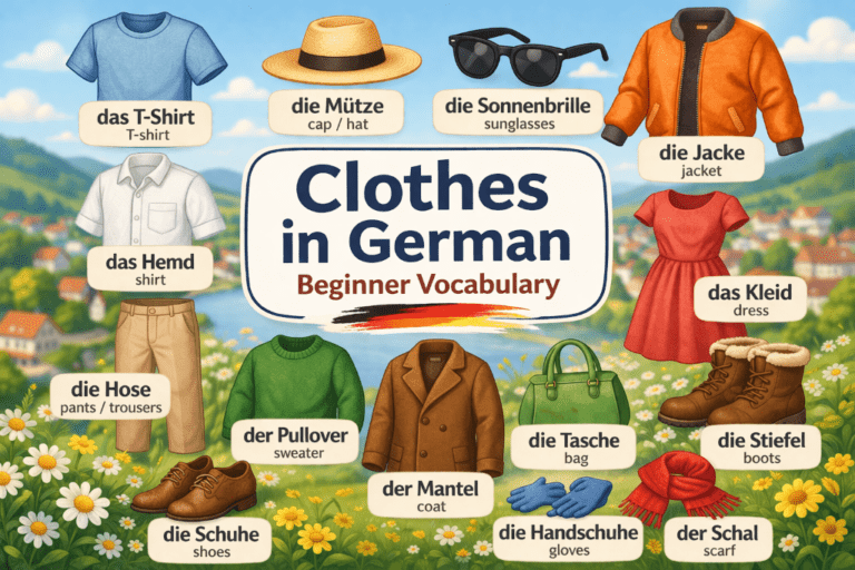German clothing vocabulary for beginners with illustrated clothes labeled in German including T-shirt, jacket, dress, shoes, and accessories