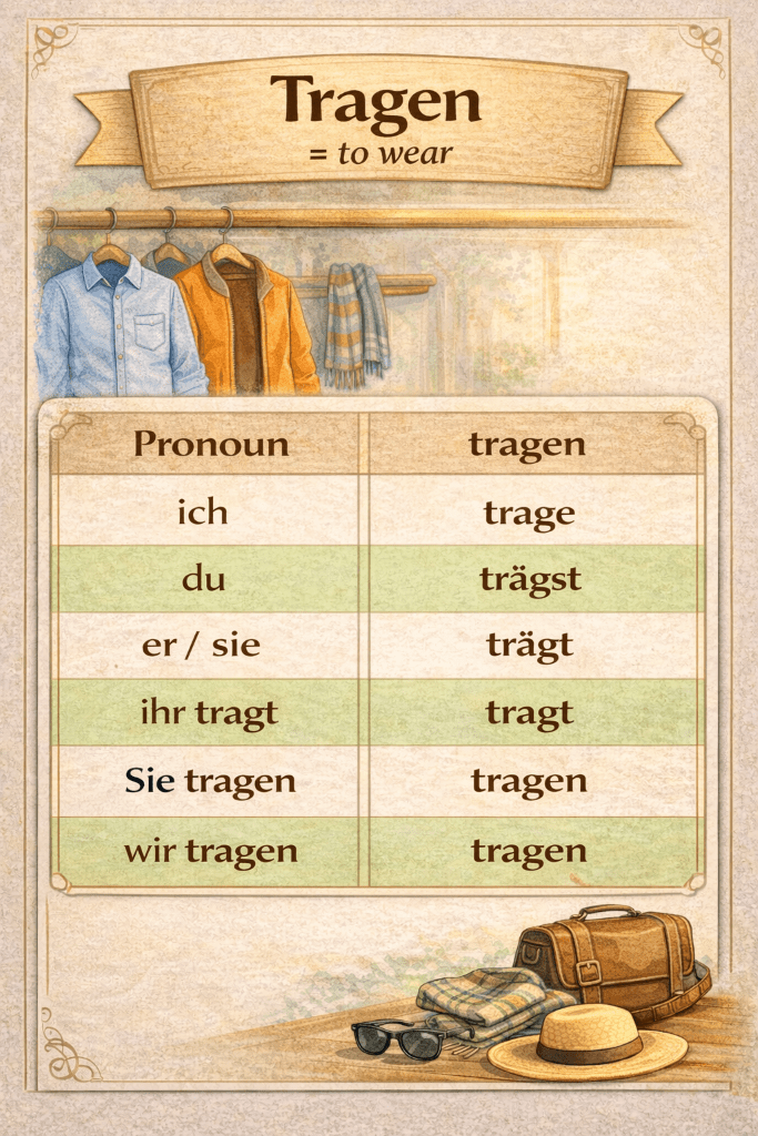 German verb tragen conjugation chart with pronouns ich, du, er, sie, wir, ihr, Sie and example forms for beginner learners