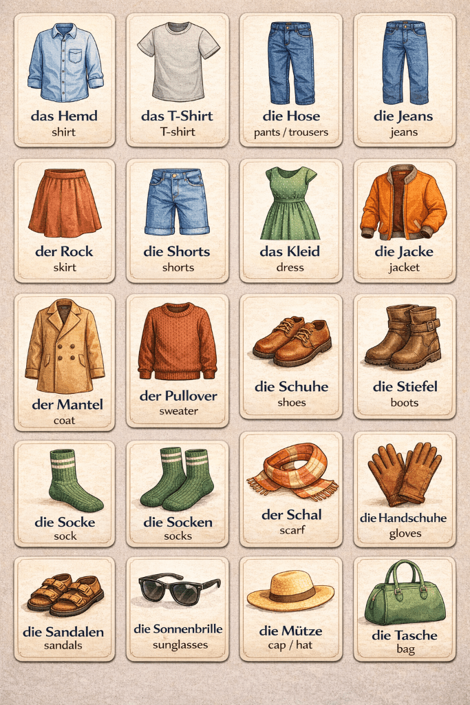 German clothing vocabulary flashcards with images and translations including Hemd, Hose, Jacke, Mantel, Schuhe, and Sonnenbrille