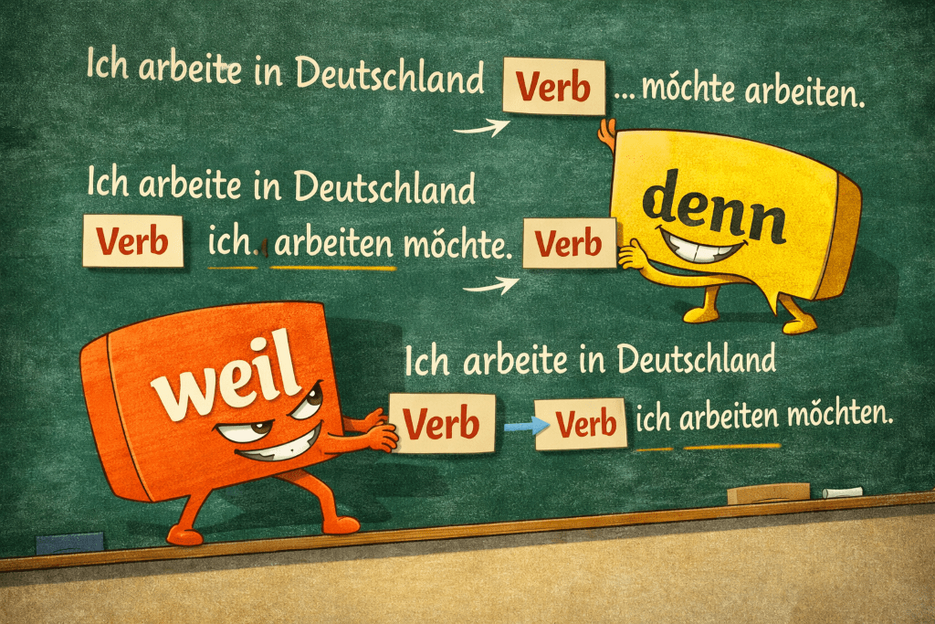Cartoon illustration of denn and weil moving verbs in German sentences to show different word order rules