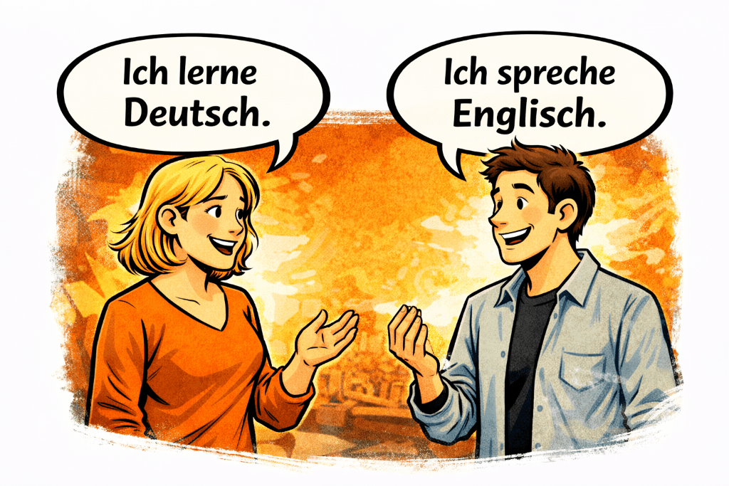 Comic-style illustration of two people talking with speech bubbles reading “Ich lerne Deutsch.” and “Ich spreche Englisch.” in a warm indoor setting.