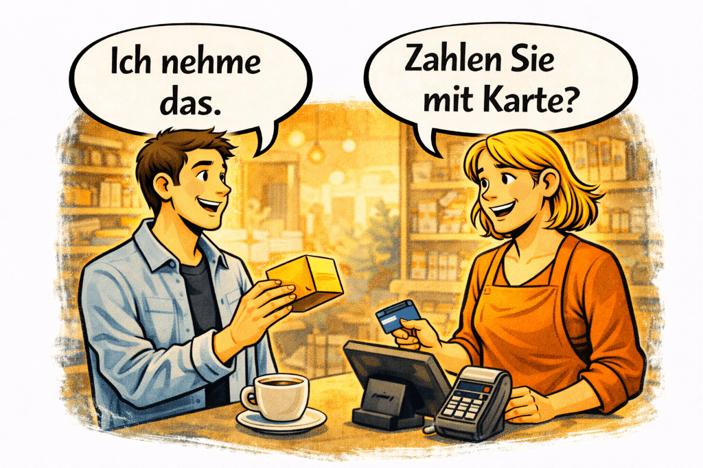Comic-style illustration at a checkout counter showing a customer choosing an item and saying “Ich nehme das.” while a cashier asks “Zahlen Sie mit Karte?”