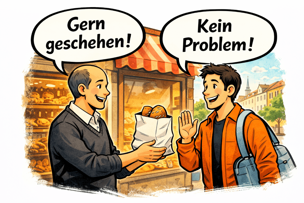 Comic-style illustration of two people having a polite exchange with speech bubbles reading “Gern geschehen!” and “Kein Problem!” against a warm orange background.