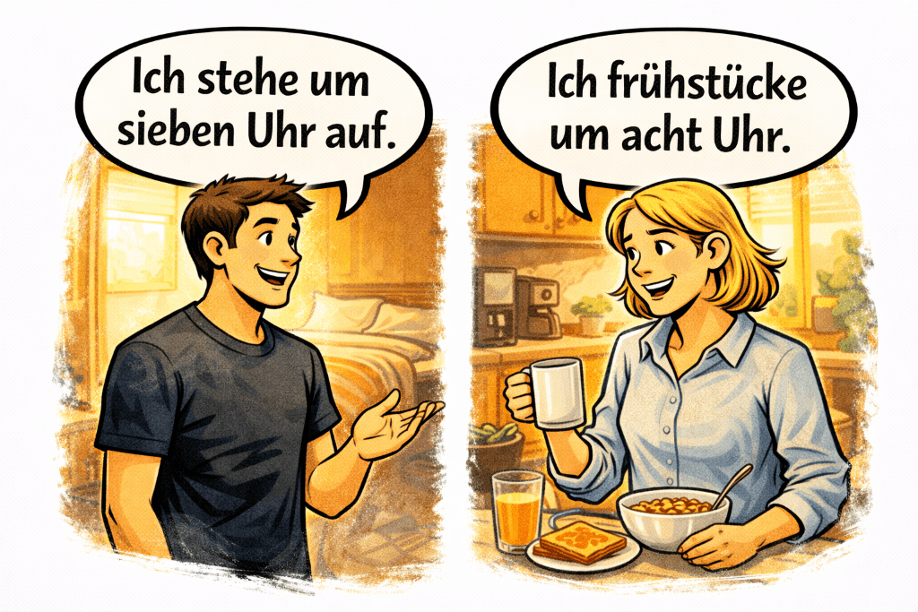 Comic-style split scene showing one person in a bedroom saying “Ich stehe um sieben Uhr auf.” and another in a kitchen saying “Ich frühstücke um acht Uhr.”