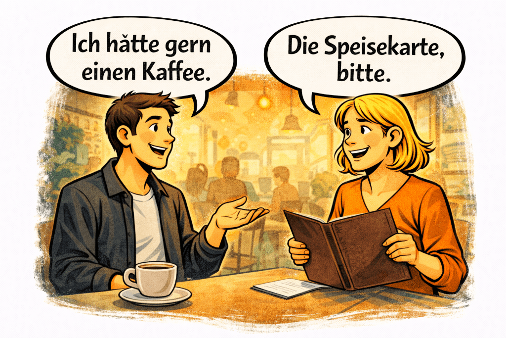 Comic-style café scene with one person ordering coffee and another asking for the menu, with speech bubbles reading “Ich hätte gern einen Kaffee.” and “Die Speisekarte, bitte.”
