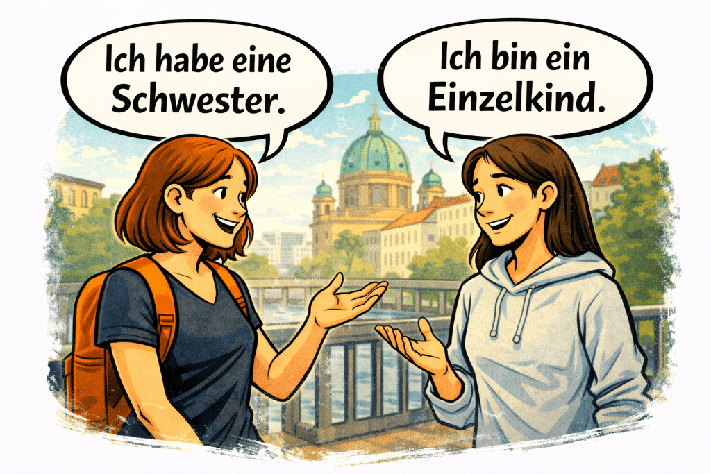 Comic-style illustration of two young women talking outdoors by a river in a European city with speech bubbles reading “Ich habe eine Schwester.” and “Ich bin ein Einzelkind.”