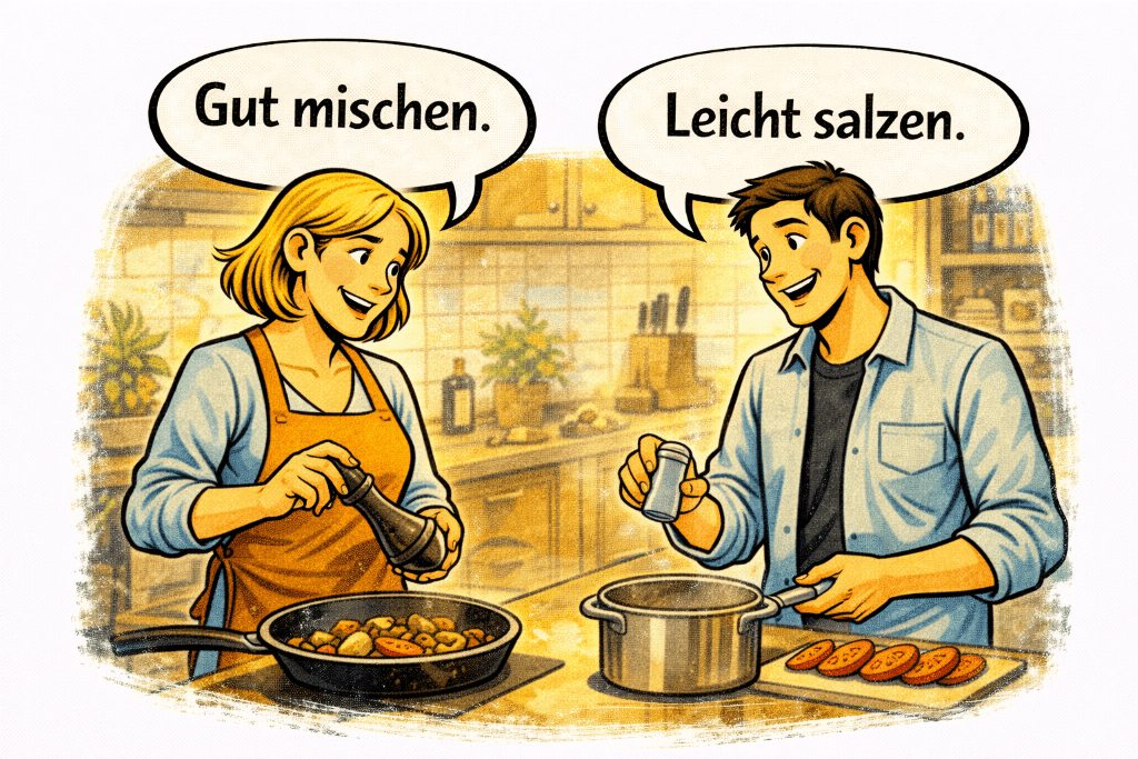 Comic-style kitchen scene showing two people cooking with speech bubbles reading “Gut mischen.” and “Leicht salzen.”
