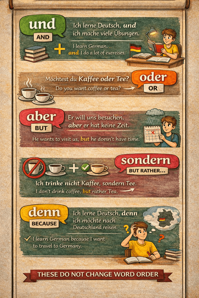 German coordinating conjunctions infographic showing und, oder, aber, sondern, and denn with example sentences and meanings
