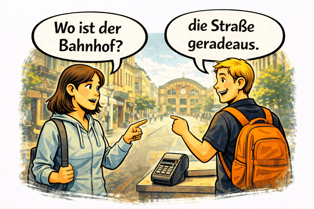 Comic-style street scene showing a traveler asking “Wo ist der Bahnhof?” and another person giving directions with “Die Straße geradeaus.”