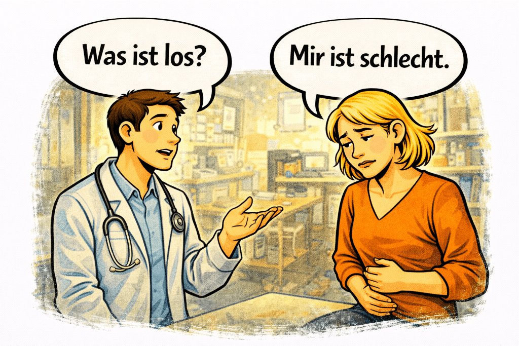 Comic-style illustration in a medical office showing a doctor asking “Was ist los?” and a sick patient replying “Mir ist schlecht.”