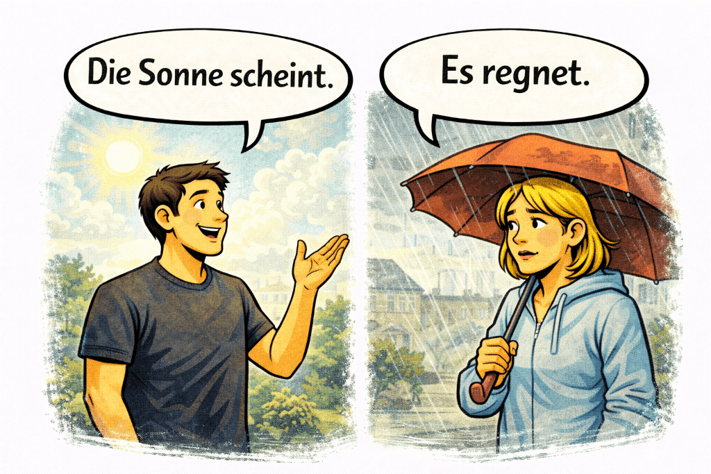 Comic-style split weather scene showing one person in sunshine saying “Die Sonne scheint.” and another standing in the rain with an umbrella saying “Es regnet.”