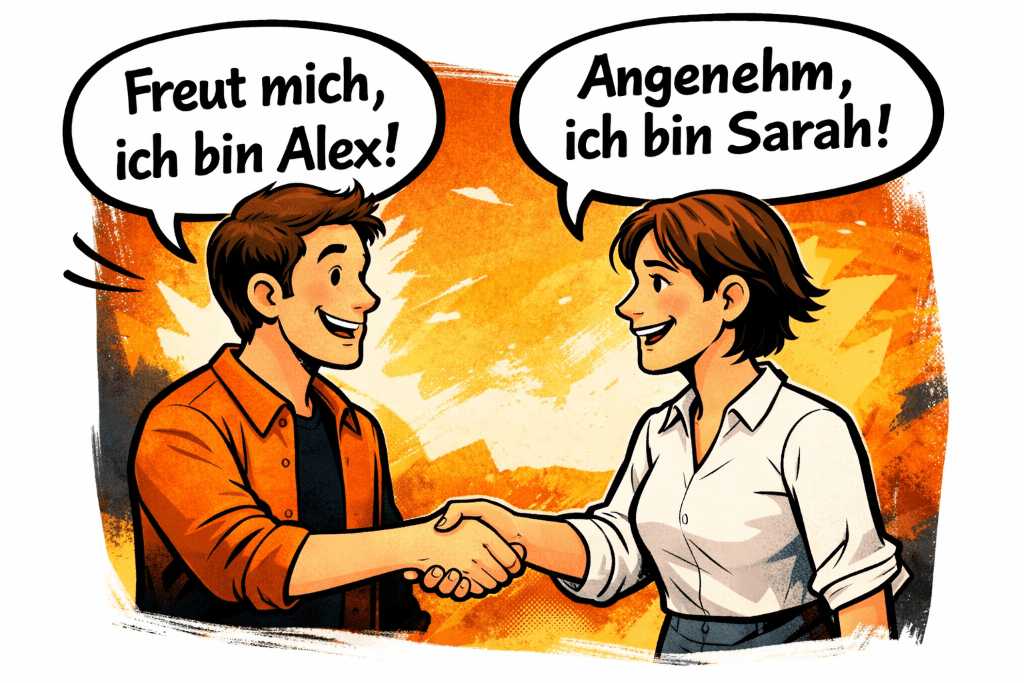 comic with nice to meet you phrases in German