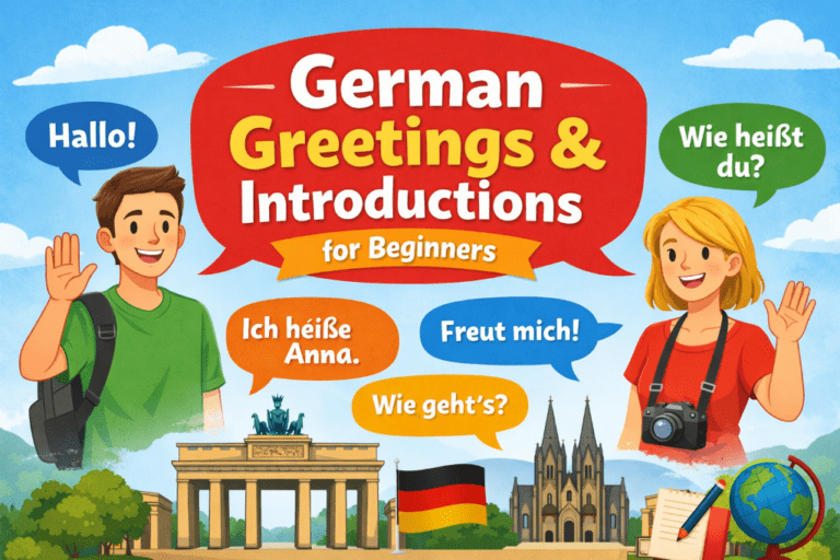 Colorful feature image showing two smiling people with speech bubbles for basic German greetings and introductions, including Hallo, Wie heißt du, Ich heiße Anna, Freut mich, and Wie geht’s.