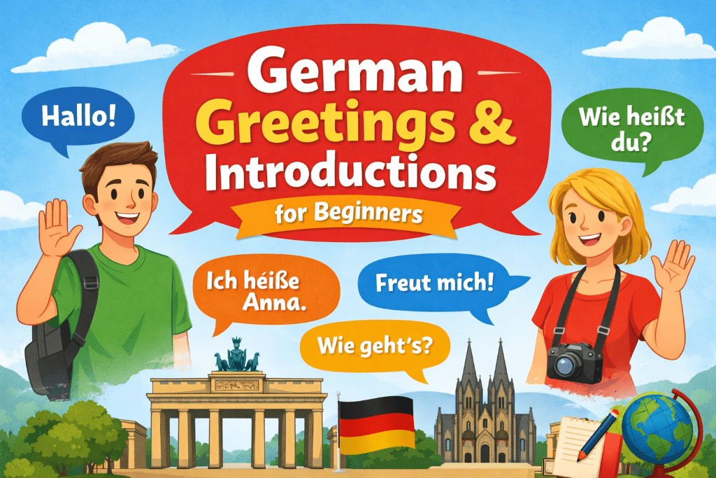 Colorful feature image showing two smiling people with speech bubbles for basic German greetings and introductions, including Hallo, Wie heißt du, Ich heiße Anna, Freut mich, and Wie geht’s.