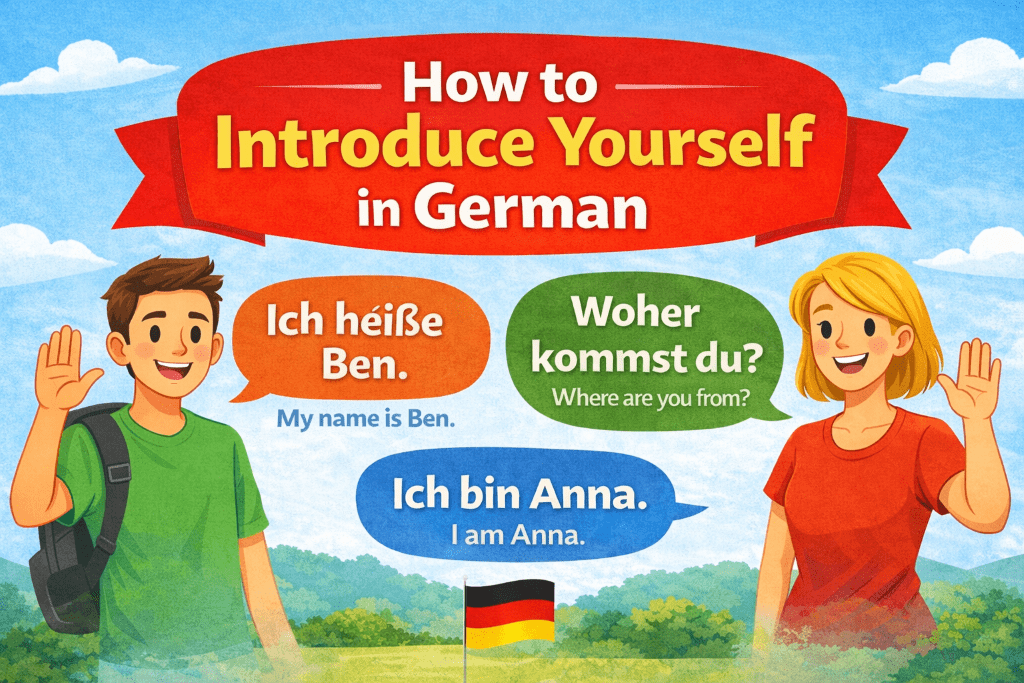 Wide banner showing two people introducing themselves in German with phrases like Ich heiße Ben and Ich bin Anna under the heading How to Introduce Yourself in German.