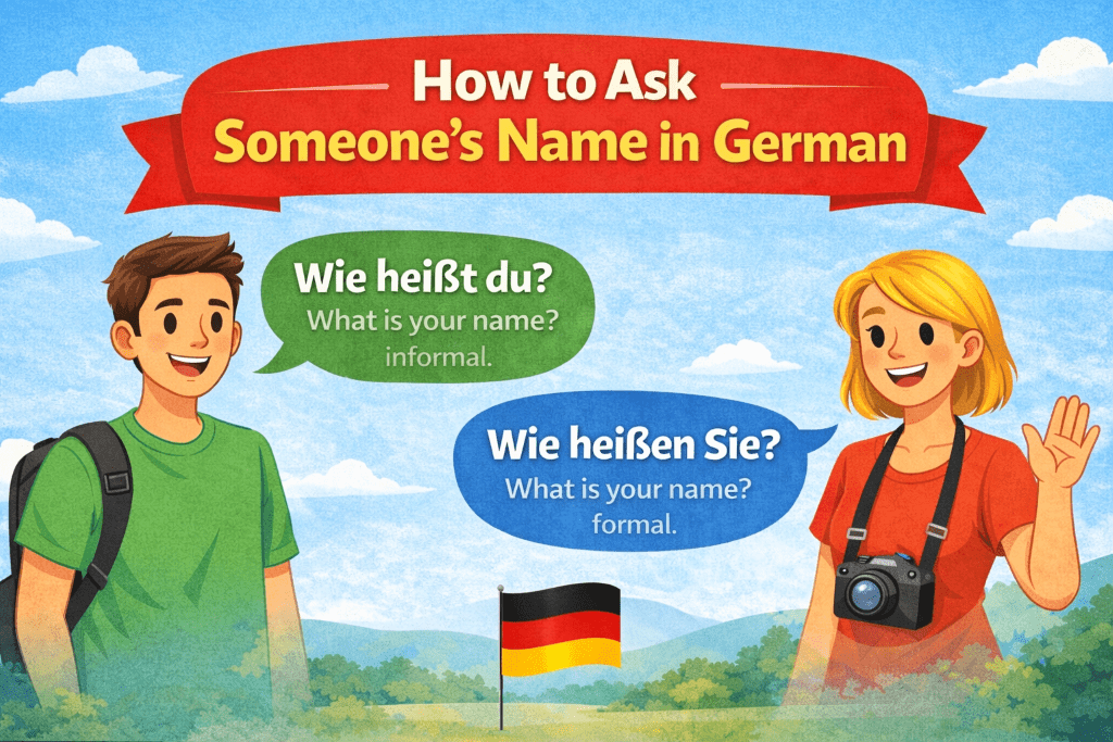 Educational image showing informal and formal ways to ask someone’s name in German, featuring Wie heißt du and Wie heißen Sie with English translations.