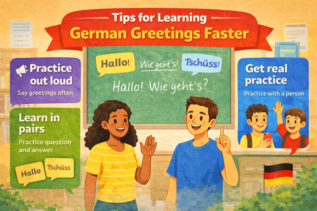 Classroom-style infographic with colorful tip boxes for learning German greetings faster, including practice out loud, learn in pairs, and get real practice, alongside beginner phrases like Hallo, Wie geht’s, and Tschüss.