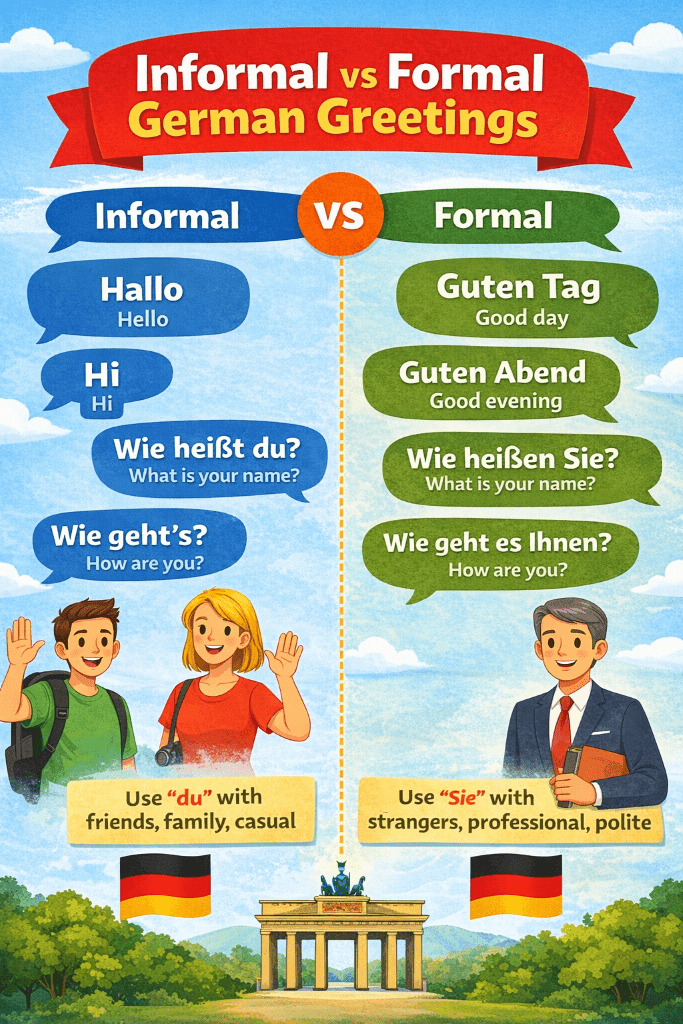 Infographic comparing informal and formal German greetings, with examples like Hallo, Hi, Wie heißt du, and Wie geht’s on one side and Guten Tag, Guten Abend, Wie heißen Sie, and Wie geht es Ihnen on the other.