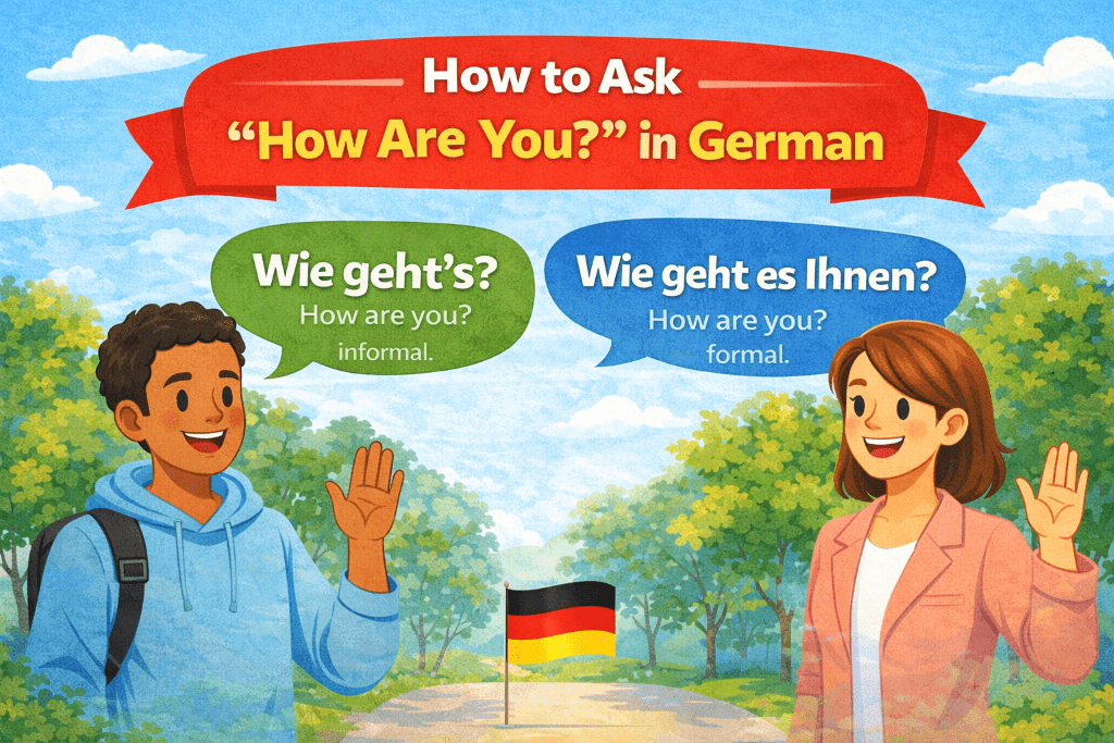 Bright German learning graphic showing two different people in a park with the phrases Wie geht’s and Wie geht es Ihnen to explain informal and formal ways to ask how someone is.