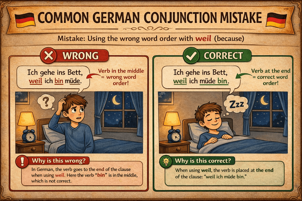 German word order mistake with weil showing incorrect and correct sentence structure with verb placement at the end