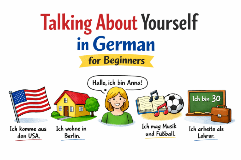 Talking about yourself in German for beginners infographic with simple self-introduction phrases about where you are from, where you live, speaking English, age, work, and hobbies