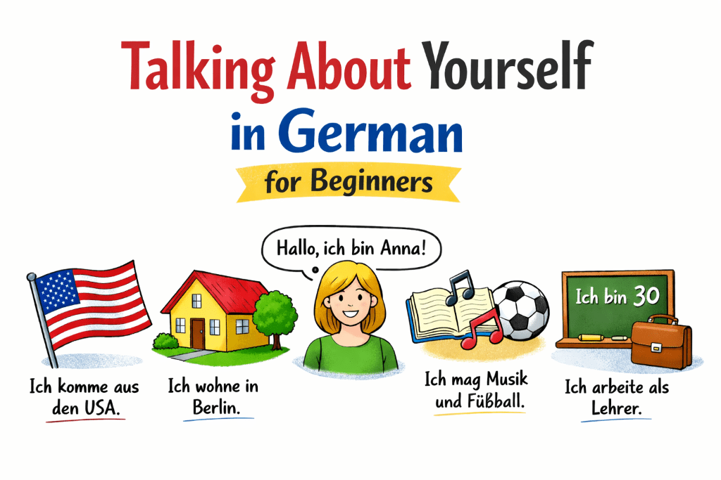 Talking about yourself in German for beginners infographic with simple self-introduction phrases about where you are from, where you live, speaking English, age, work, and hobbies