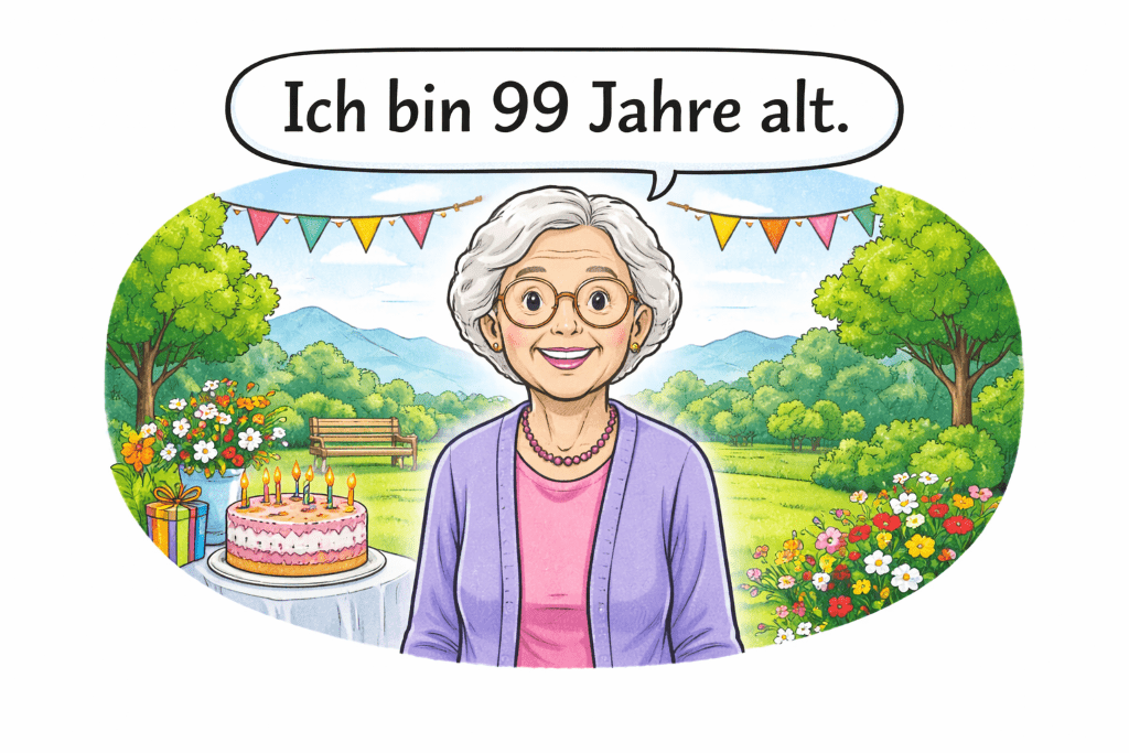 Cartoon elderly woman with speech bubble saying Ich bin 99 Jahre alt in a cheerful park scene with flowers and birthday decorations