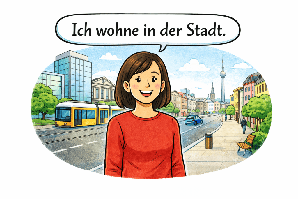 Cartoon woman with speech bubble saying Ich wohne in der Stadt in front of a modern city background with buildings, road, and train