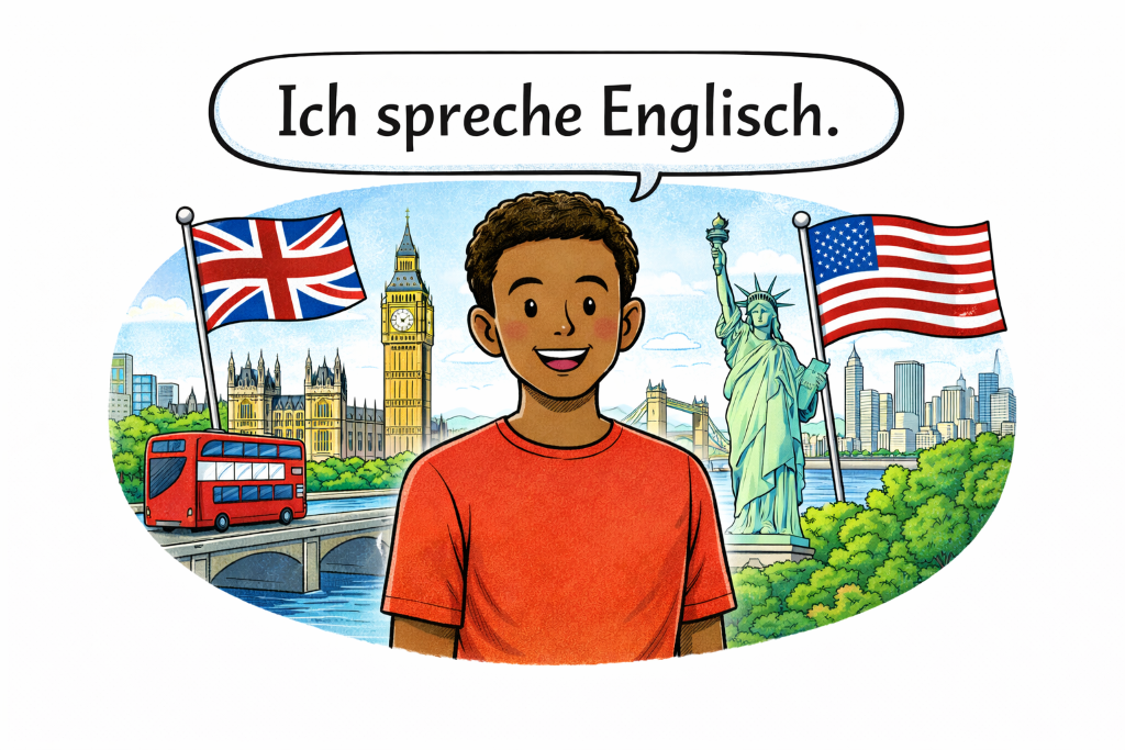 Cartoon man with speech bubble saying Ich spreche Englisch with English-speaking landmarks and flags in the background