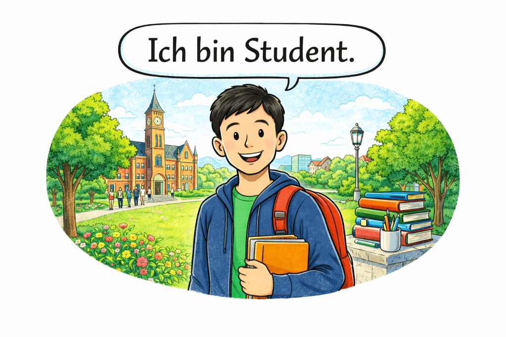 Cartoon student with speech bubble saying Ich bin Student on a university campus with books, backpack, and school buildings