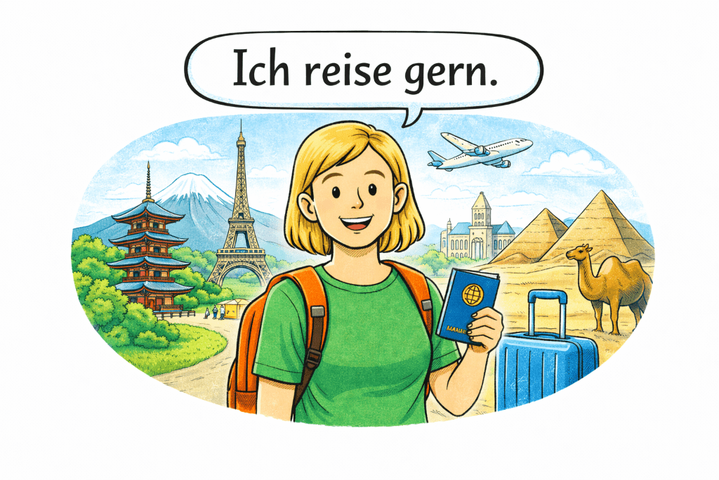 Cartoon student with speech bubble saying Ich bin Student on a university campus with books, backpack, and school buildings