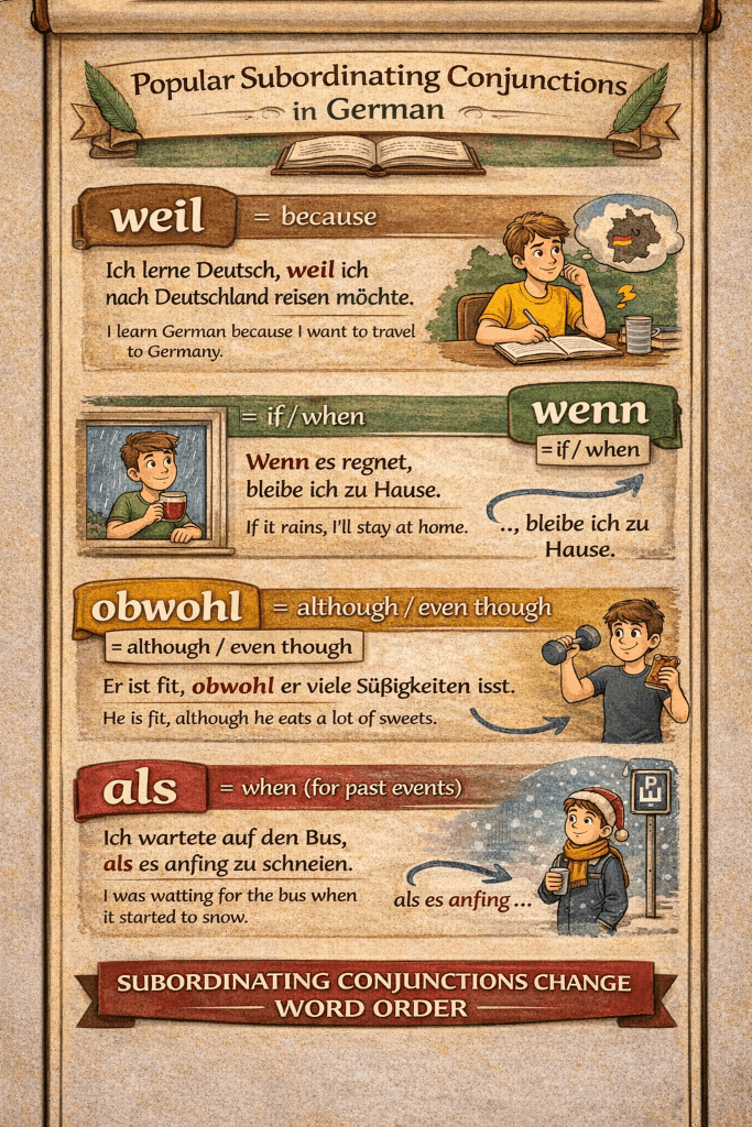 German subordinating conjunctions infographic explaining weil, wenn, obwohl, als, and dass with verb-at-the-end examples