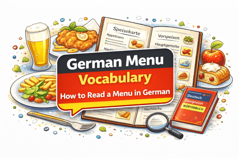 German menu vocabulary in a German flag speech bubble against a background of German food and menu items