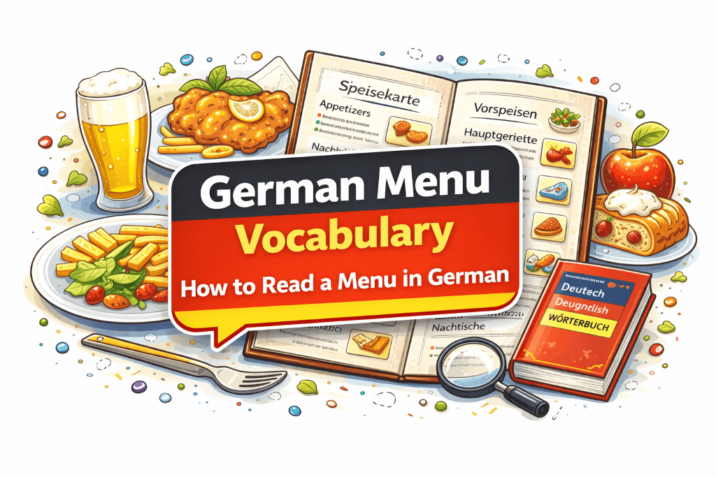 German menu vocabulary in a German flag speech bubble against a background of German food and menu items