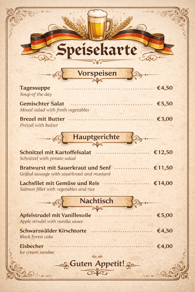 A German Speisekarte, or menu with examples of appetizers, main dishes, and desserts