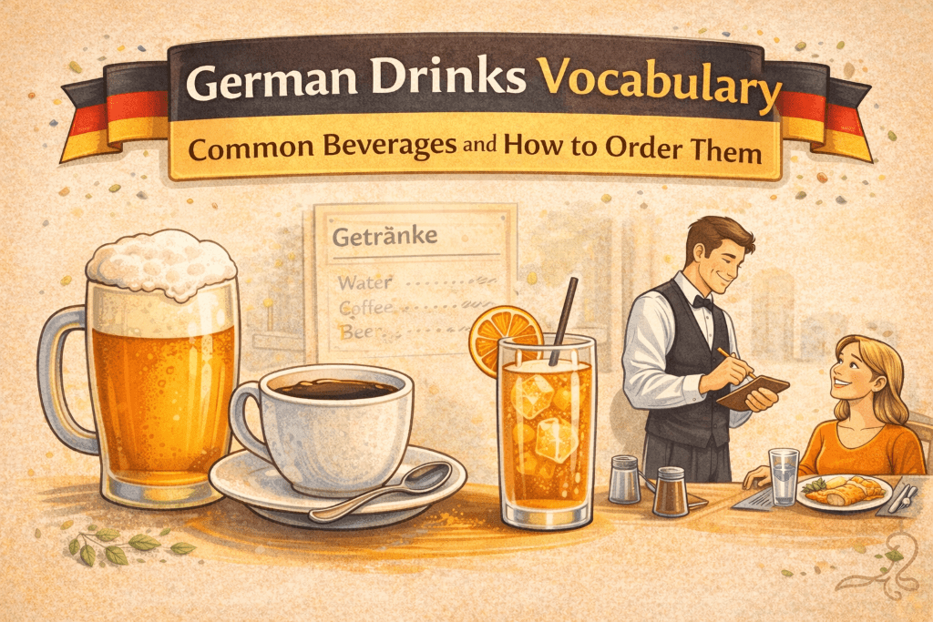 German drinks vocabulary: common beverages and how to order them as a banner above an image of german beverages, a waiter, and a guest