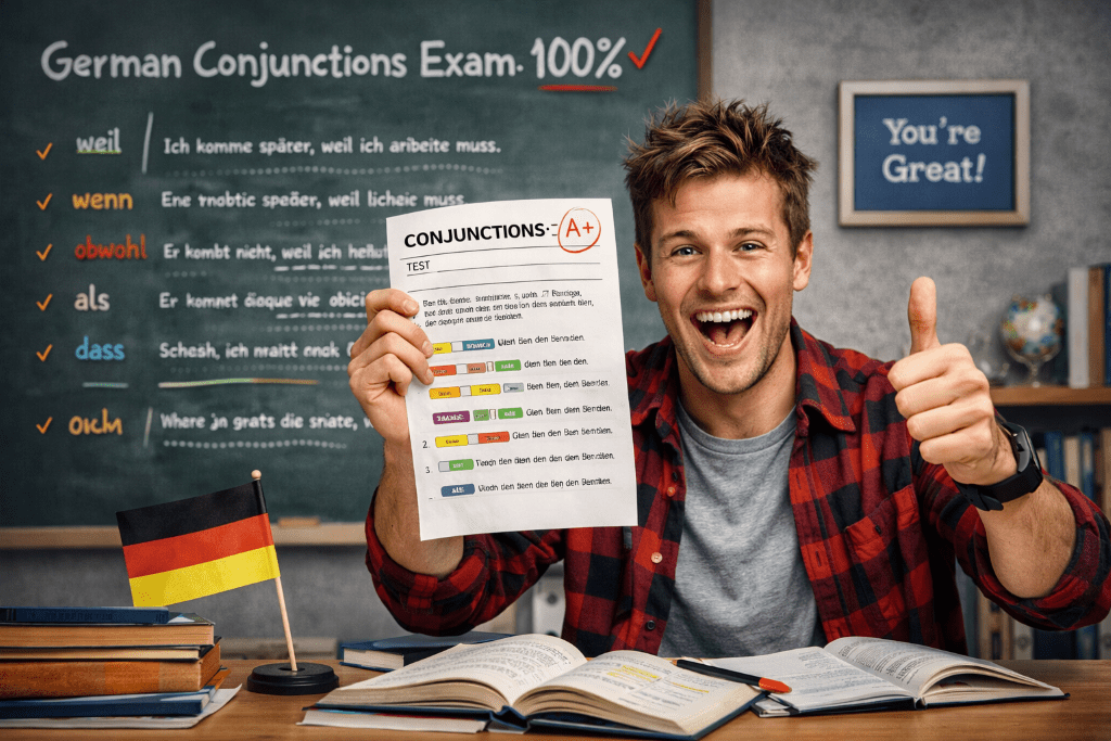 Happy student successfully completing a German grammar test on conjunctions with correct answers and high score